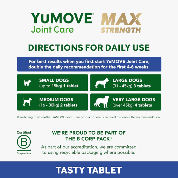 YuMOVE Max Strength Joint Supplement for Senior Dogs, Joint Care with Glucosamine, Chondroitin and Green Lipped Mussel, Age 8+, 120 Tablets